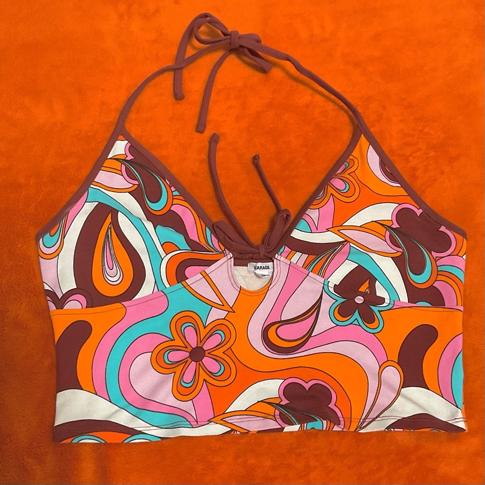 GARAGE Retro floral halter/tie-up top L